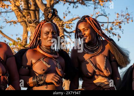 Due donne himba tradizionali, ridendo, ritratti, alla luce della sera, vicino a Opuwo, Kaokoveld, Kunene, Namibia, Africa Foto Stock