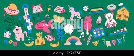 Collezione di coloratissimi doodle per la cura dell'infanzia. Montessori, hopscotch, giocattoli, fiori, ombrello, casa, libro e altri elementi. Illustrazione Vettoriale
