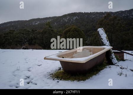 Vecchia vaschetta per gli animali in fattoria coperta di neve in inverno Foto Stock