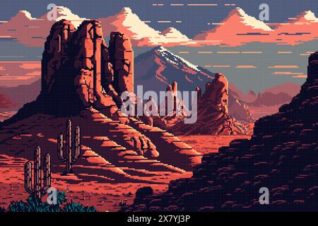 Generativo paesaggio di montagne desertiche americane o messicane. Scena di gioco pixel art a 8 bit. In 2d, Arizona, Messico o Texas, sfondo naturale in stile artistico pixelato, cattura la bellezza del selvaggio mondo del West Illustrazione Vettoriale