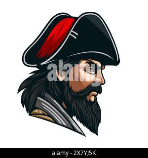 L'INTELLIGENZA ARTIFICIALE ha generato una mascotte di capitano corsaro o o pirata in cappello tricorne, intelligenza artificiale generativa vettoriale. Personaggio dei cartoni animati o capo del marinaio, capitano o corsaro pirata con barba, mascotte della squadra di club in intelligenza artificiale generativa Illustrazione Vettoriale