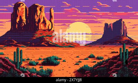 Generativa ai selvaggia deserto occidentale occidentale e paesaggio montano. Scena di gioco pixel art a 8 bit. Canyon 2d dell'Arizona al tramonto sfondo naturale in stile artistico pixelato, con rocce, suolo rosso e cactus Illustrazione Vettoriale