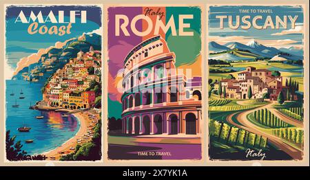 Set di poster da viaggio in Italia in stile retrò. Illustrazione Vettoriale