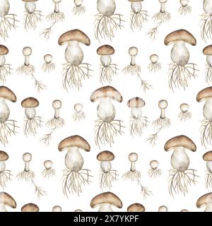 Fase di crescita dei funghi acquerelli motivo senza cuciture, ciclo di vita della natura con carta da ripetizione delle piante forestali, fondo tessile di funghi Foto Stock