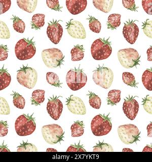 Acquerello motivo senza cuciture fragole, ciclo di vita della natura con carta da ripetizione delle piante, fondo tessile delle piante da giardino Foto Stock