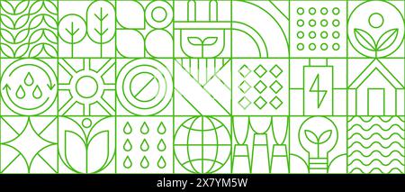 Ambiente natura astratta modello geometrico moderno. Ornamento a griglia ecocompatibile Vector green con icone di sostenibilità ambientale. Piante, alberi, goccioline d'acqua, simboli di riciclaggio, foglie, globo Illustrazione Vettoriale