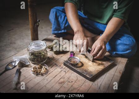 Un uomo prepara marijuana su un tagliere per fumare, persona che fuma droga, tossicodipendenza, tossicodipendenza e sintomi di astinenza. DrugsInte Foto Stock