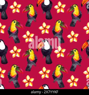 Motivo senza cuciture di acquerello iperrealistico della natura dei tropici dell'Asia - toucan in bianco e nero e fiori di plumeria su sfondo rosso persiano Foto Stock