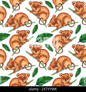 Motivo acquerello senza cuciture. Natura iperrealistica dei tropici dell'Asia - tarsieri e foglie di palma su sfondo bianco Foto Stock