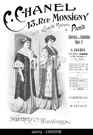 1909 pubblicità francese per le pellicce di C. Chanel. Foto Stock