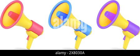 I megafoni luminosi della collezione per un'attenzione forte annunciano l'illustrazione vettoriale isometrica dell'icona 3D. Impostare altoparlanti multicolore per voce speec Illustrazione Vettoriale