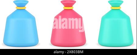 Collezione multicolore con filetto giallo legato e pieno di denaro o regali per lo stoccaggio con illustrazione vettoriale di icone 3D. Posizionare la tasca luminosa per la borsa Illustrazione Vettoriale