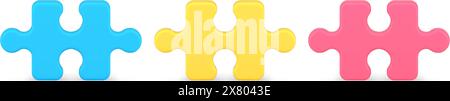 Collezione di pezzi di gioco logici blu, gialli e rossi per l'assemblaggio di disegni decorativi isometrici illustrazione vettoriale di icone 3d con vista frontale. Set di puz Illustrazione Vettoriale