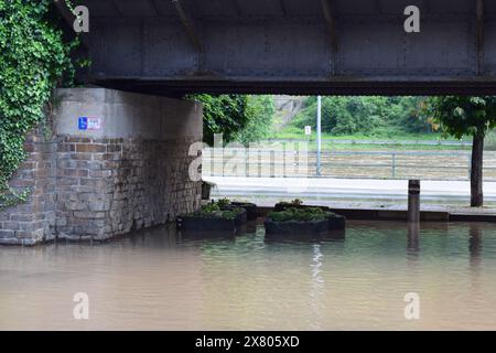 Inondazione sotto il ponte ferroviario nella valle della Mosella 2024 Foto Stock