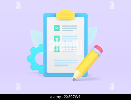 Elenco di controllo icona realistica 3D. Carta volumetrica per appunti. Documento di testo con attività completate contrassegnate con segni di spunta. Matita gialla per segni e correzioni Illustrazione Vettoriale