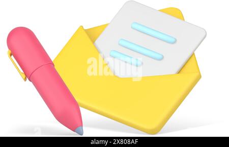 Messaggio scritto in busta. Pacchetto volumetrico aperto giallo con nota. Penna elegante rosa per scrivere. Simbolo per l'invio di annunci pubblicitari e biglietti da parte di Illustrazione Vettoriale