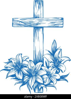 Pasqua felice, croce di legno e gigli fioriti floreali, Pasqua. Simbolo del cristianesimo disegno a mano vettore illustrazione schizzo. Illustrazione Vettoriale