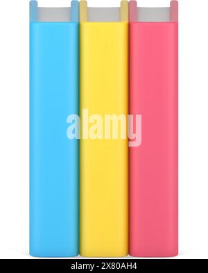 Pila volumetrica di libri a colori. Documentazione aziendale con copertina rosa. Informazioni scientifiche accademiche in volume giallo. Dizionario blu con tecnica Illustrazione Vettoriale