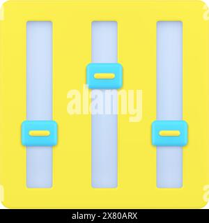 Icona equalizzatore oro 3d. Consente di scorrere l'interfaccia multimediale con volume triplo. Pannello di alimentazione dell'audio musicale e vocale. Applicazione digitale per la regolazione bilanciata Illustrazione Vettoriale