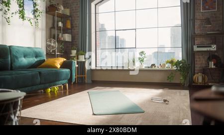 Elegante appartamento Loft vuoto con grande finestra. Il sole splende su un ampio e luminoso soggiorno con tappetino da yoga e bottiglia d'acqua sul pavimento. Preparazione al concetto di allenamento online. Foto Stock