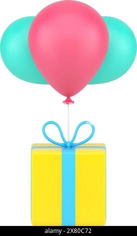 Fai un regalo sull'icona 3d dei palloncini. La scatola gialla delle feste vola su palloncini colorati. Saluto a sorpresa per l'evento di Capodanno e il compleanno. Anniversario colorato con Illustrazione Vettoriale