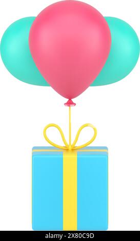 Casella blu delle vacanze sull'icona 3d delle bollature. Il regalo volumetrico vola su palloncini colorati. Sorpresa per l'evento di Capodanno e il compleanno. Anniversario colorato con Illustrazione Vettoriale
