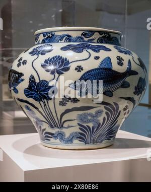 Vaso di vino cinese blu e bianco con pesci e piante acquatiche, dinastia Yuan, XIV secolo, Brooklyn Museum, New York, STATI UNITI Foto Stock