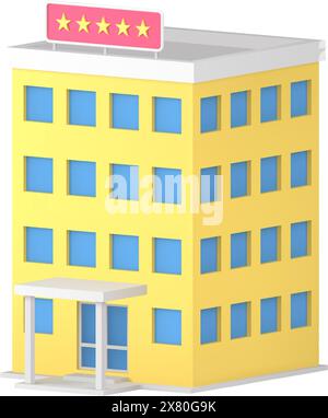 Moderno edificio giallo a più piani facciata viaggio hotel servizio clienti appartamento 3D icone realistiche illustrazione vettoriale. Architettura urbana centro b Illustrazione Vettoriale