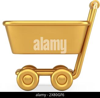 Carrello per supermercati in metallo dorato prodotti per lo shopping su Internet con vista laterale icona 3d realistica illustrazione vettoriale. Supermercato premium badge Illustrazione Vettoriale