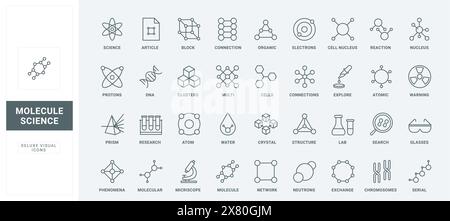 Modello di molecola con reti di catene e atomi, particelle sottili simboli di contorno neri e rossi, illustrazione vettoriale. Insieme di icone delle linee di ricerca della struttura molecolare nella fisica scientifica e chimica Illustrazione Vettoriale