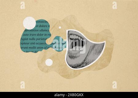 Collage fotografico composito di metà testa umana parti del viso bocca aperta testo urlo astratto comunicazione vocale isolata su sfondo dipinto Foto Stock