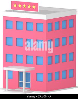 Realisticamente 3D icona rosa edificio pubblico dell'hotel entrata esterna della porta e finestre vista laterale anteriore illustrazione vettoriale isometrica. Lusso cinque stelle resor Illustrazione Vettoriale