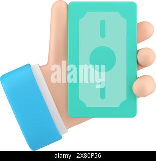 Uomo d'affari con mano in contanti verdi pagamento bancario di banconote in dollari illustrazione del vettore realistica dell'icona 3d. Uomo braccio blu vestito credito commerciale Illustrazione Vettoriale