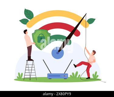 Test della connessione Internet wireless ad alta velocità, sicurezza dell'accesso WIFI. Le persone piccole tirano la freccia del tachimetro sul router per aumentare il segnale digitale lento e scaricare turbo l'illustrazione vettoriale dei cartoni animati Illustrazione Vettoriale