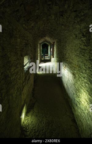 Visitatore che cammina all'interno del castello di Caerphilly a Spring, Galles Foto Stock