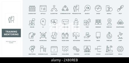 Guida, workshop di formazione per aiutare e insegnare agli studenti a migliorare le competenze potenziali simboli sottili di contorno nero e rosso, illustrazione vettoriale. Set di icone di linea per consigli di formazione, mentore ed esperti aziendali Illustrazione Vettoriale