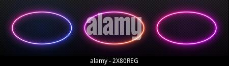 Telaio ovale al neon. Raggio laser circolare. Ellisse con bagliore LED. Bordo gradiente elettrico per la progettazione con testo. Illustrazione Vettoriale