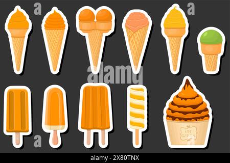 Illustrazione del grande kit a tema di gelateria con ghiaccioli diversi tipi di tazza per waffle a cono, gelato con gustoso ghiacciolo su tazza per waffle a cono, popsic Illustrazione Vettoriale