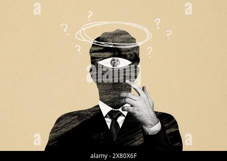 Collage fotografico composito di ciclopi di creature interrogate all'interno del mirino urlare il giovane ragazzo ha pensato a dilemma isolato su sfondo dipinto Foto Stock