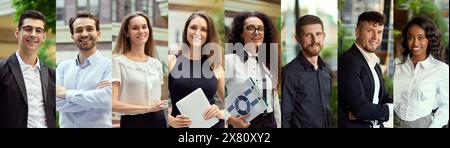 Ritratto di diversi uomini d'affari, uomini e donne che sorridono e mostrano fiducia. lavoro di squadra multirazziale. Cooperazione Foto Stock