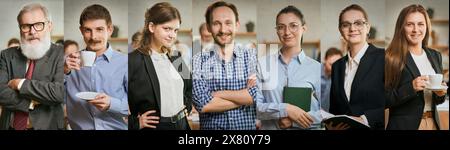 Spirito energico e creativo nell'ambiente di avvio. Uomini e donne diversi, di età diverse, uomini d'affari che sorridono in un ambiente d'ufficio. Foto Stock