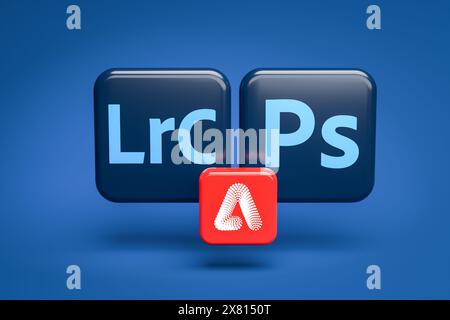 Concetto: Adobe Photoshop e Adobe Lightroom Classic integrano sempre più funzioni di intelligenza artificiale Firefly. Logo di Adobe Photoshop e Lightroom CLA Foto Stock