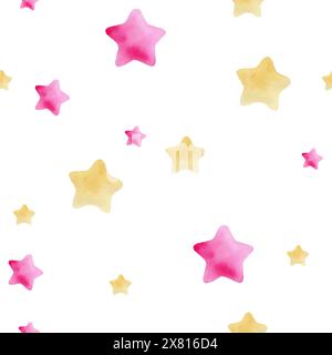 Semplice motivo ad acquerello con incantevoli stelle rosa e gialle. Illustrazione ad acquerello fatta a mano su sfondo bianco. Per carta da imballaggio, textil Foto Stock