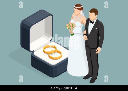 Fedi nuziali Isometric Golden in una confezione regalo, lo sposo con un abito e la sposa con un abito da sposa marrone. Cerimonia di nozze. Il giorno del matrimonio. Matrimonio Illustrazione Vettoriale