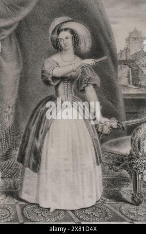 Elisabetta Ludovika di Baviera (1801-1873). Regina consorte di Prussia (1840-1861) come moglie di re Federico Guglielmo IV (1795-1861). Verticale. Disegno di A. Belvedere. Litografia di J. Donón. "Reyes Contemporáneos" (Re contemporanei). Volume III. Pubblicato a Madrid, 1854. Foto Stock