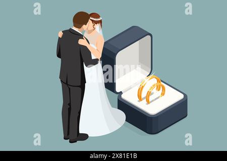 Fedi nuziali Isometric Golden in una confezione regalo, lo sposo con un abito e la sposa con un abito da sposa marrone. Cerimonia di nozze. Il giorno del matrimonio. Illustrazione Vettoriale