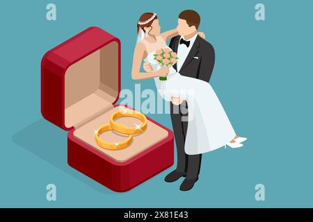 Fedi nuziali Isometric Golden in una confezione regalo, lo sposo con un abito e la sposa con un abito da sposa marrone. Cerimonia di nozze. Il giorno del matrimonio. Illustrazione Vettoriale