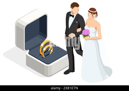 Fedi nuziali Isometric Golden in una confezione regalo, lo sposo con un abito e la sposa con un abito da sposa marrone. Cerimonia di nozze. Il giorno del matrimonio. Illustrazione Vettoriale