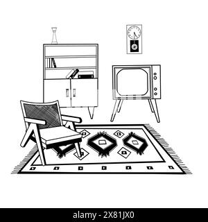 Illustrazione vettoriale. Libreria, orologio, moquette con ornamenti, poltrona, TV. Interni vintage disegnati a mano in vettoriale nero su sfondo bianco. Illustrazione Vettoriale