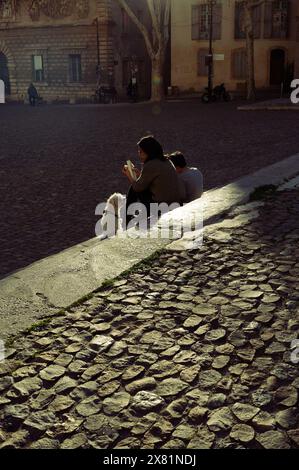 Madre, figlio e piccolo cane bianco seduti sui gradini di Place du Palais des Papes, inondati dagli ultimi raggi di luce del tramonto. Superficie di ciottoli. Foto Stock